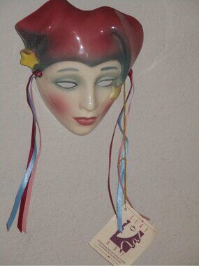 Clay Art of San Francisco About Face Ceramic Jester Wall Mask Burgundy New